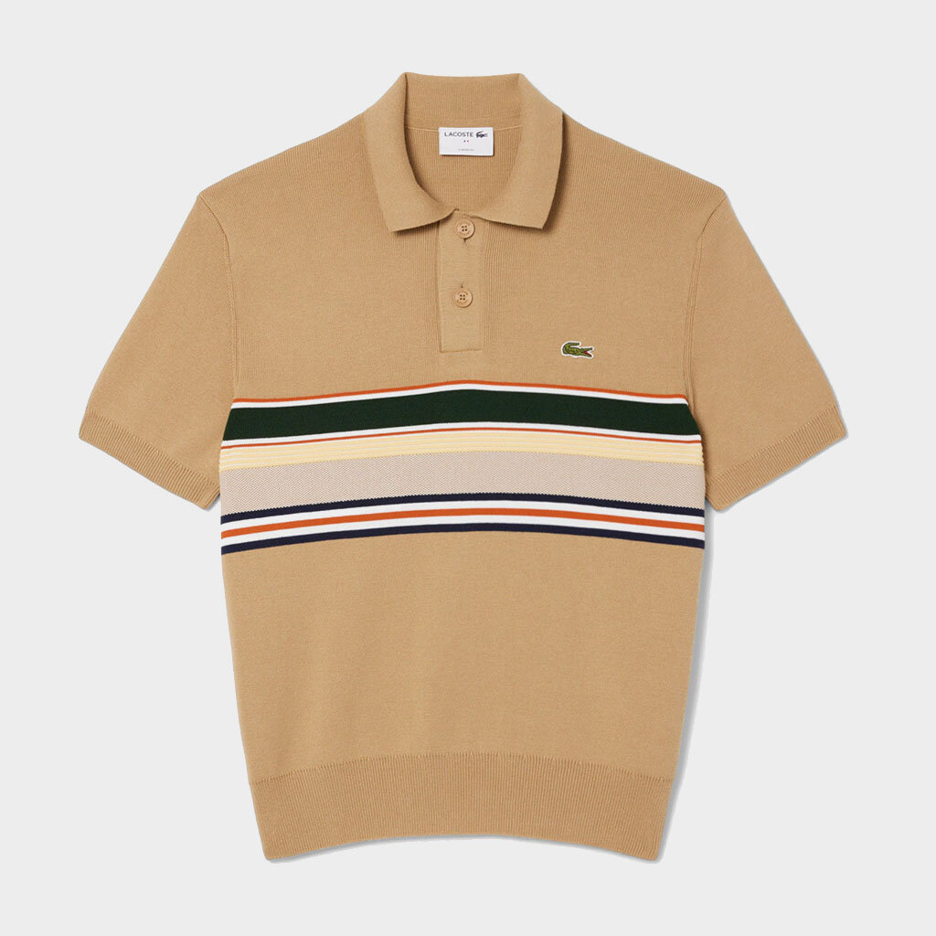 Shelta Lacoste French Made Striped Polo Collar Sweater Beige (AH5200